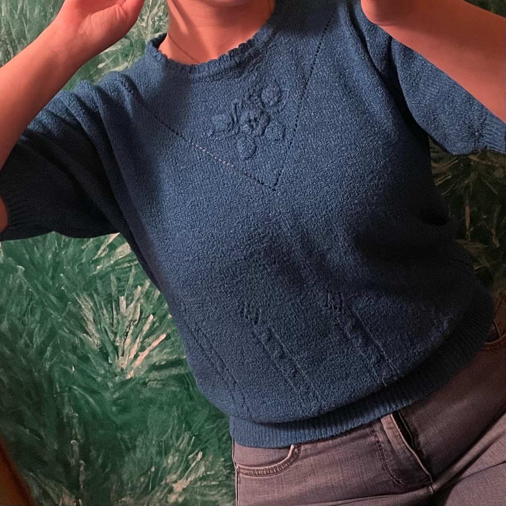 Blue Textured Short Sleeve Sweater
